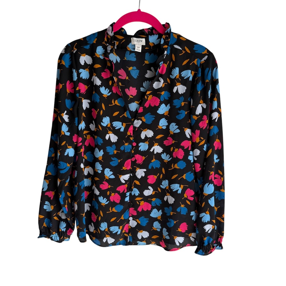 J.CREW Black Multicolor Floral Long Sleeve Ruffled Ladies Blouse, XS‎
